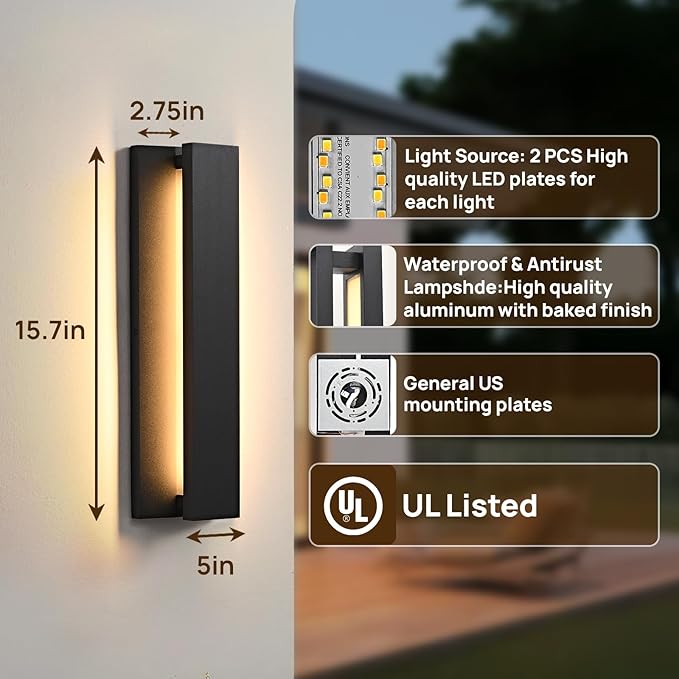 15.7 in Modern Outdoor Wall Light Fixtures 3000K LED Exterior Lighting Fixtures Long Black Outside Porch Light for House Garage Patio Door2 Pack