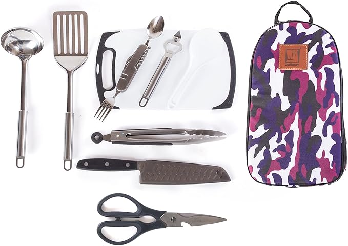 Wellmax 10-Piece Stainless Steel Camping Cooking Set – Compact All-in-One Cookware Kit with Utensils &amp Travel Bag for Campers Hikers Outdoor Adventures Purple Camo Color
