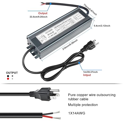 inShareplus 12V 300W Power Supply AC 80-265V to DC 12 Volt 25A IP67 Waterproof LED Power Supply Low Voltage Transformer Outdoor Driver with 3-Prong Plug 3.3 Feet Cable for LED Light Outdoor Use