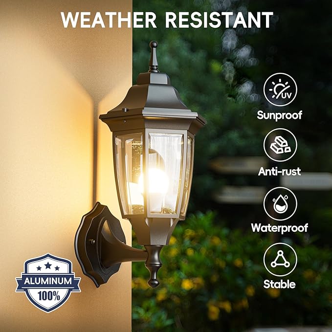 EMART Outdoor Front Porch Light Exterior Anti-Corrosion Waterproof Aluminum &amp Glass Shades Wall Lamp Fixture Modern Sconce Lantern for Outside House Garage - 2 Pack Black （Bulb Included）