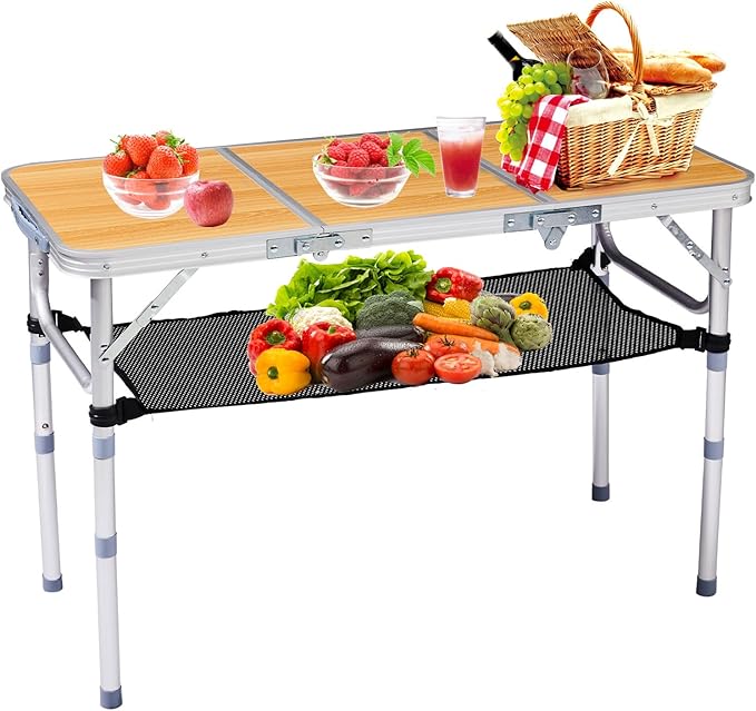 3 FT Folding Camping Table with Storage Portable Fold-in-Half Camp Kitchen Party Table 3 Height Adjustable &amp Carry Handle Rectangular Card Tables for Outdoor Picnic BBQ Backyard (Wooden Pattern