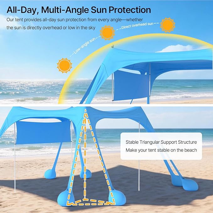 Suteck Beach Tent Sun Shelter with Sidewall Easy Set Up 10x10ft Beach Canopy Outdoor Sun Shade with UPF 50+UV Protection 8 Sandbags 4 Stability Poles for Camping Fishing or Picnics