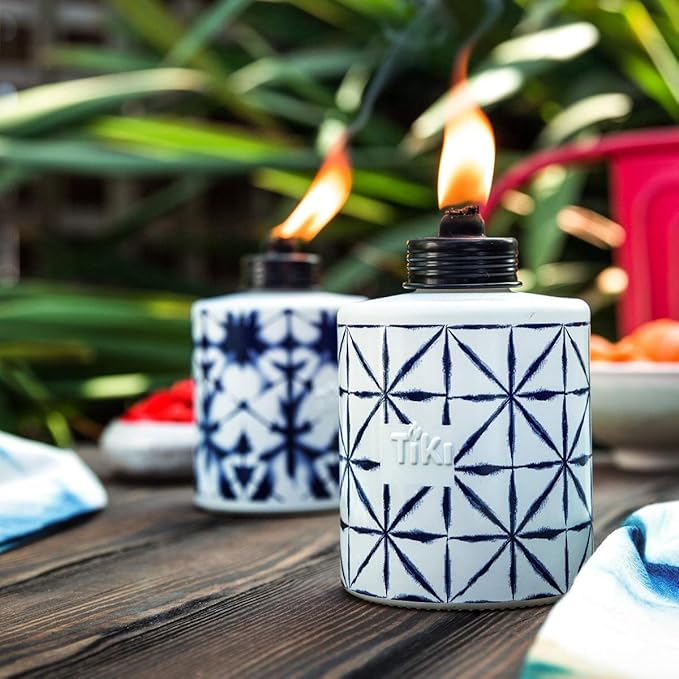 TIKI Glass Tie-Dye Tabletop Torches 3-Pack – Decorative Outdoor TIKI Torches for Patio Backyard &amp Garden – Portable Tabletop Citronella Torches for Outdoor Lighting – Blue 5.75-Inch