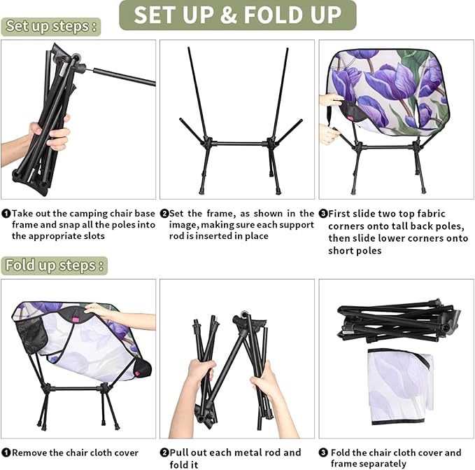 Honeybaby Folding Camping Chair Tulip Theme Camping Chairs Lightweight Portable Chair Outdoor Foldable Chairs for Camping Travel Picnic Beach Hiking