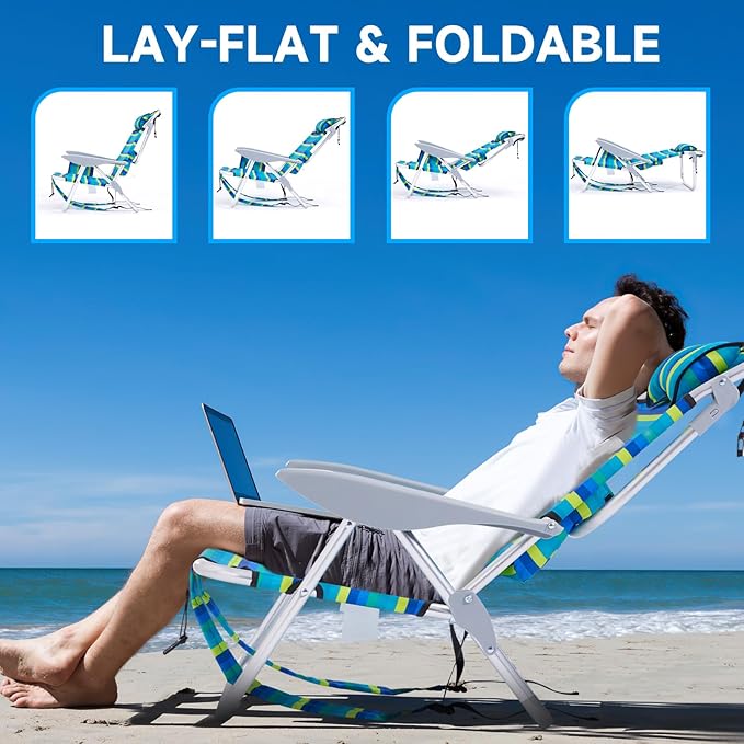 Portable Beach Chair for Adults Outdoor Lightweight Camping Chair Lay Flat Folding Backpack Beach Reclining Chair with 5 Positions Headrest Zipper Pouch Cup Holder Striped