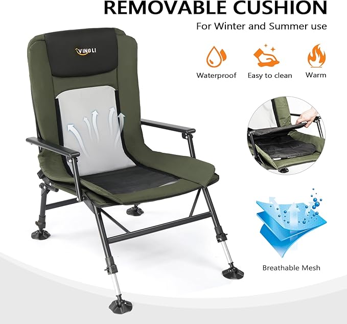 VINGLI Oversized Fishing Chair Heavy Duty Support 440 LBS 160° Freely Adjustable Reclining Folding Chairs Lounge Travel Outdoor Seat with High Back for Fishing Camping or Leisure