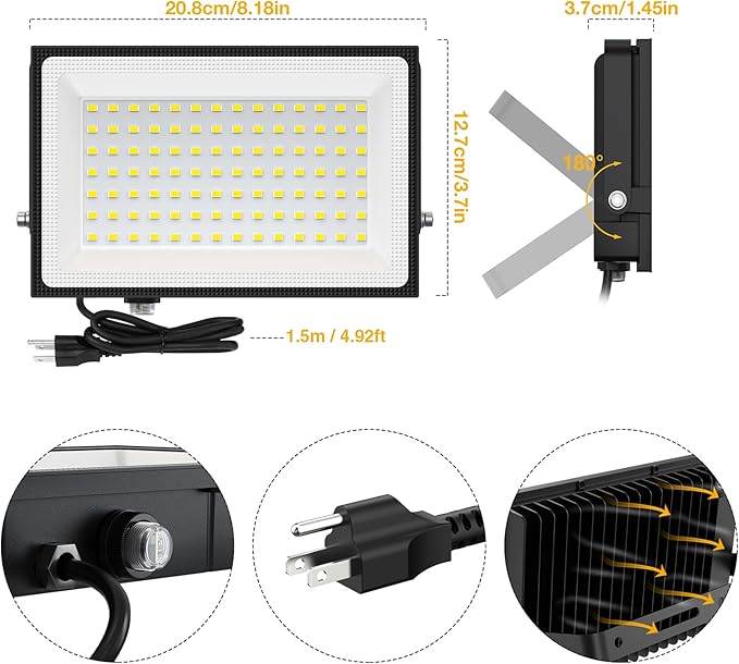 Onforu 100W Dusk to Dawn LED Outdoor Flood Light with Timer 9000LM Adjustable Brightness Work Light IP66 Waterproof Security Light with Plug for Yard 2 Pack
