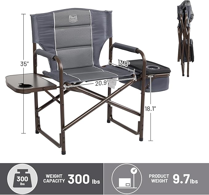 TIMBER RIDGE Lightweight Camping Chair Portable Laurel Director's Chair with Foldable Side Table Cooler Bag &amp Mesh Pocket Compact Outdoor Folding Lawn Chair Supports 300lbs Grey