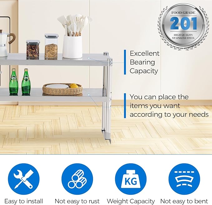 Stainless Steel Shelf 2 Tier Stainless Overshelf for Kitchen Prep Work Table 12 x 48 Inches Adjustable Commercial Steel Table OverShelf for Kitchen Restaurant Bar Utility Room Garage