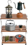 Camping Rack 3-Tier Camping Folding Storage Rack Organizer with Carry Bag Retro Rectangular Camping Dish Rack Shelf for Barbecues Camping Hiking Parties Walnut Load 10kg/22.05lbs