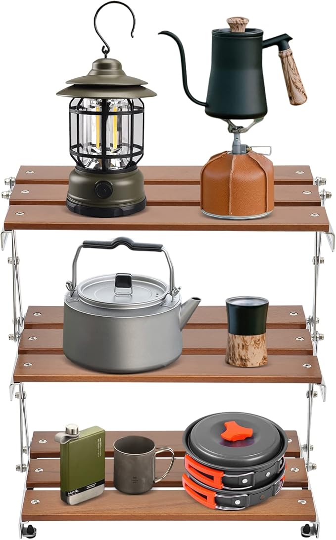 Camping Rack 3-Tier Camping Folding Storage Rack Organizer with Carry Bag Retro Rectangular Camping Dish Rack Shelf for Barbecues Camping Hiking Parties Walnut Load 10kg/22.05lbs