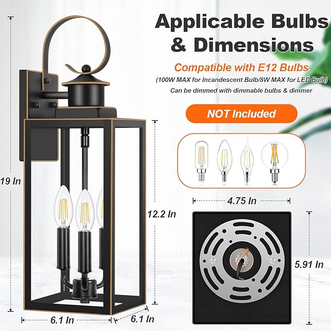 3-Light Outdoor Wall Light Fixtures 19 Inch Large Waterproof Exterior Wall Sconces with Glass Shades Black with Gold Trim Anti-Rust Outside Wall Lantern for House Front Porch Patio Garage