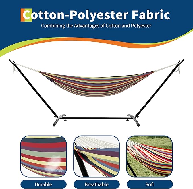 Ultra-Comfort 2-Person Hammock Set with Foldable Steel Frame – Heavy-Duty Outdoor Lounger for Garden Camping &amp Patio (450lb Capacity + Quick-Stow Carry Bag)Yellow Rainbow Stripes