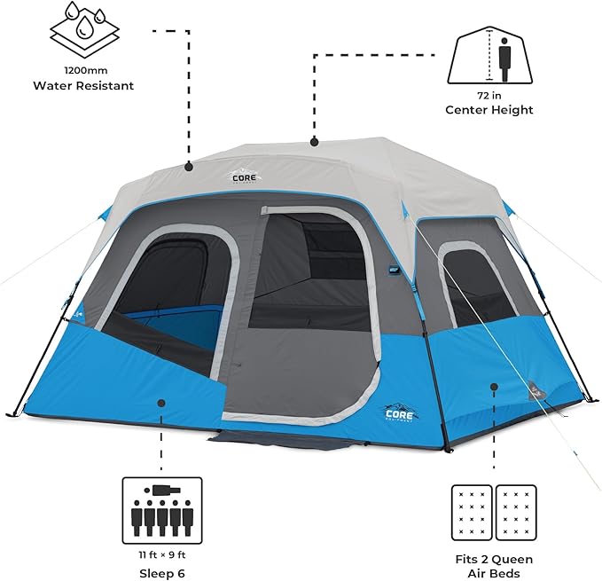 CORE Instant Cabin Tents with LED Lights | 6 Person / 9 Person / 12 Person Family Multi Room Lighted Pop Up Tents for Camping | Included Storage Pockets for Camping Accessories