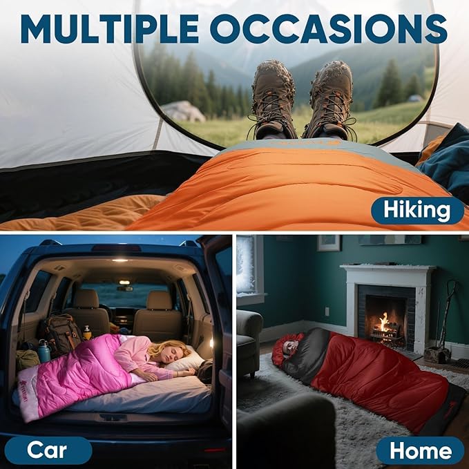 PTEROMY Sleeping Bags for Adults Lightweight and Machine Washable Water Resistant Backpacking Camping Sleeping Bag for Warm Cold Weather Camping Essentials for Hiking Travel
