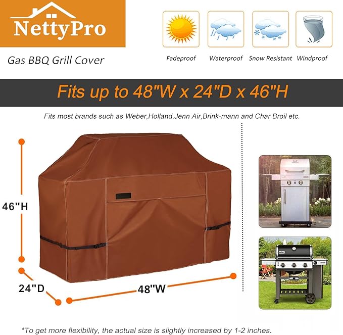 NettyPro Grill Cover Heavy Duty Waterproof 48 inch Outdoor 2-3 Burners Gas BBQ Cover for Outside Weber Char-Broil Brinkmann Nexgrill Barbecue Brown