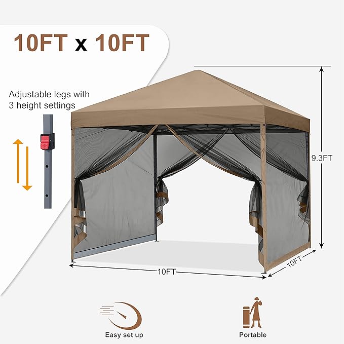 MASTERCANOPY Pop-Up Quick Setup Outdoor Canopy with Netting Screen Walls (10x10 Khaki)