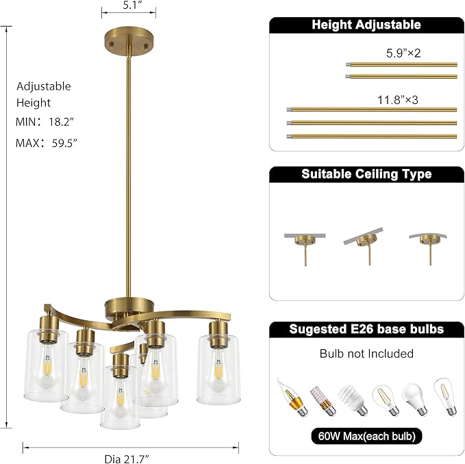 6 Light Gold Dining Room Light FixtureModern Farmhouse Kitchen Chandeliers Over TableAdjustable Height Hanging Pendant Lighting for Kitchen Island with Glass Shade