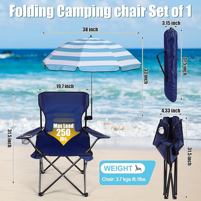 2 Sets Beach Chair with Umbrella Foldable Camping Chair Fold up Umbrella with Universal Clamp Large Portable for Outdoors Fishing Camping Hiking Travel Picnic Beach (Navy BlueGray)
