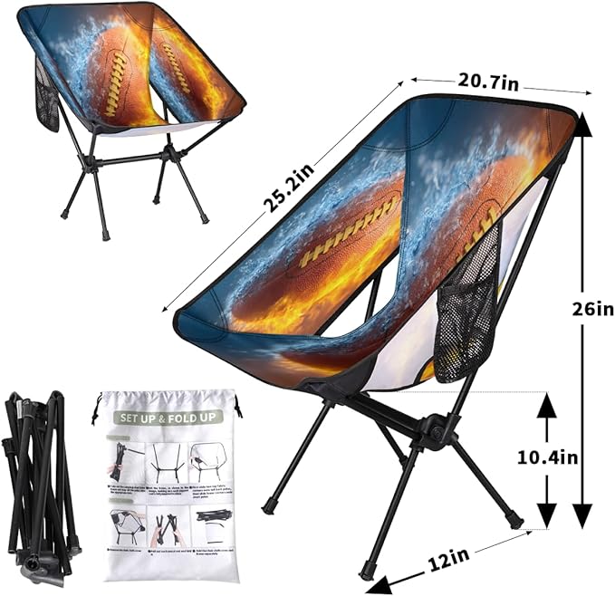 Ice Fire Collision Rugby Camping Chair Folding Backpacking Chair Portable Lightweight Outdoor Chairs with Side Pockets for Hiking Beach Picnic
