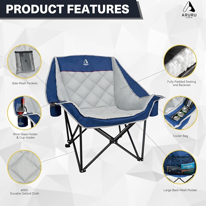 Oversized XL Camping Chair for Adults Heavy Duty | 450LBS Support Padded Folding Lawn Chairs with Side Pocket Cup Holder Cooling Bag for Outdoor Sports Garden Beach Fishing