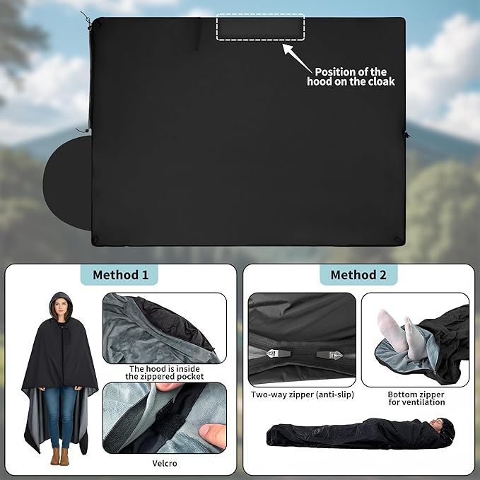 Large Camping Blanket Hooded Stadium Blanket with Crystal Velvet Lining Waterproof Windproof Warm Outdoor Blankets for Camping Picnic Stadium Sports Beach Concerts (59x 79)