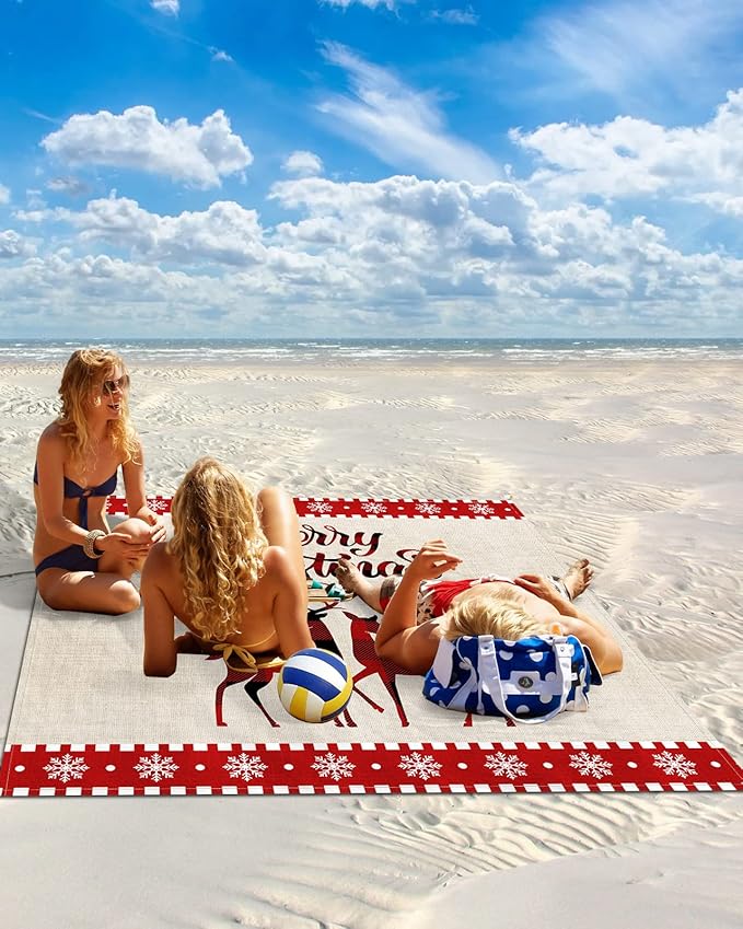 Beach Blanket Waterproof Sandproof Merry Christmas Elk Red Buffalo Plaid Quick Drying Beach Mat with 4 Stakes Winter Snowflake Cute Animal Lightweight Picnic Blanket for Travel Camping 83x79