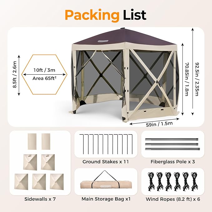 Tecoom 6-Sided 10x10ft Pop Up Gazebo Tent Screen House with Mosquito Netting Canopy for Camping Portable Sun Shelter with Removable Siedwalls for Outdoor Garden Activities