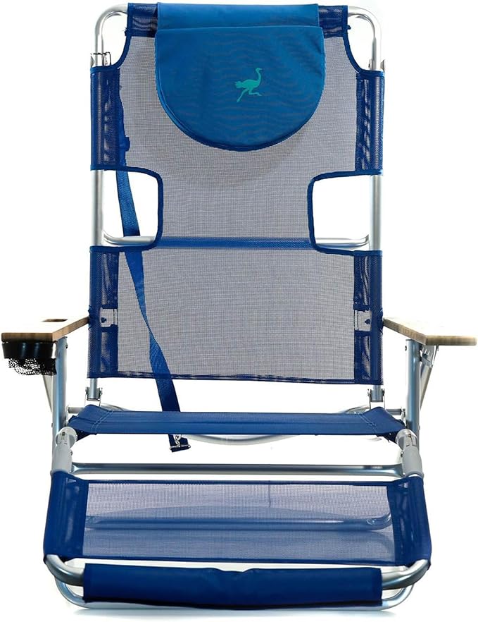 Ostrich 3N1 Lightweight Aluminum Frame 5-Position Reclining Beach Chair and Ladies Comfort On-Your-Back Outdoor Beach Chair with Backpack Strap Blue