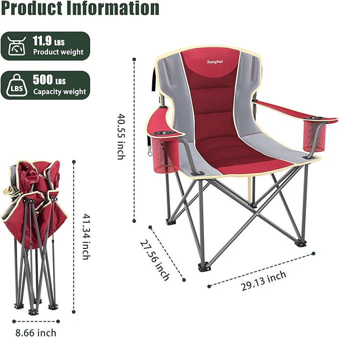 SUNNYFEEL Oversized Camping Chair for Big &amp Tall Adults Heavy Duty Folding Camp Chair Supports 500 lbs Padded High Back Lawn Chair with Cup Holder Portable Outdoor Chair for Camping Fishing &am
