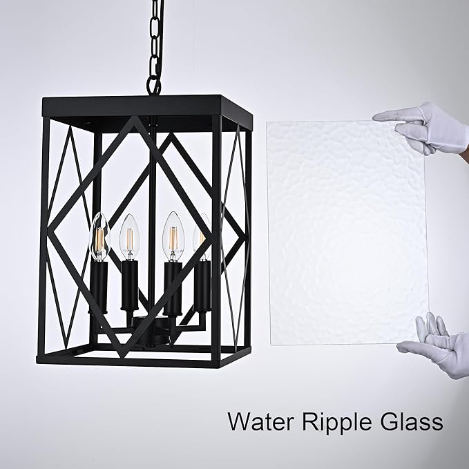 Outdoor Pendant Light with Water Ripple Glass 4-Light Exterior Hanging Porch Light Large Lantern Pendant Light Waterproof Black Outside Chandelier for House Front Door Patio Entrance