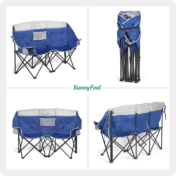 SUNNYFEEL Heated Double Camping Chair Outdoor Portable Loveseat Chair Heavy Duty Folding Lawn Chairs with Storage for Beach/Tailgate/Travel/Picnic Foldable Duo Camp Chairs for Adults 2 People