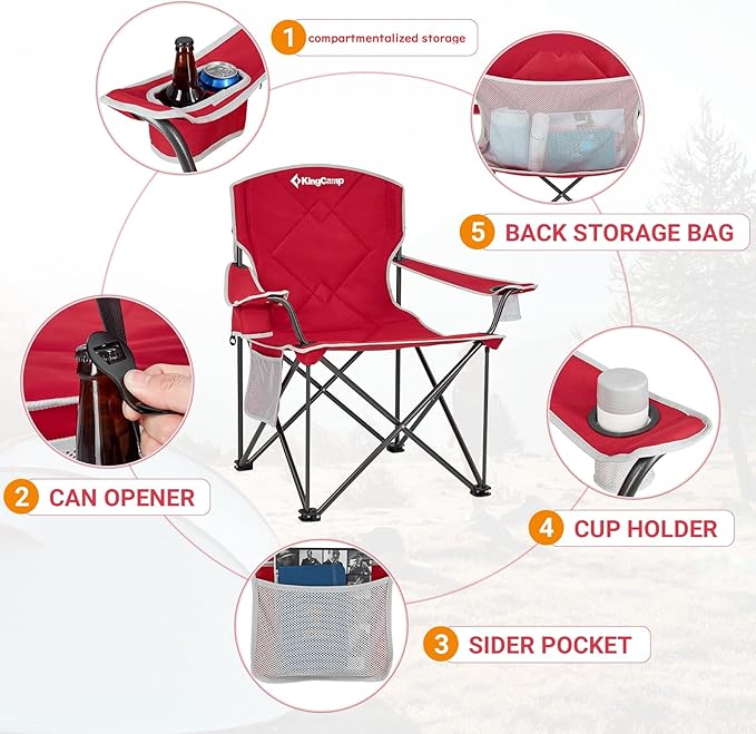 KingCamp Portable Folding Camping Quad Chair Oversized Fully Cushioned Seat with Side Pocket and Cup Holder for Tailgates Beach Lawn