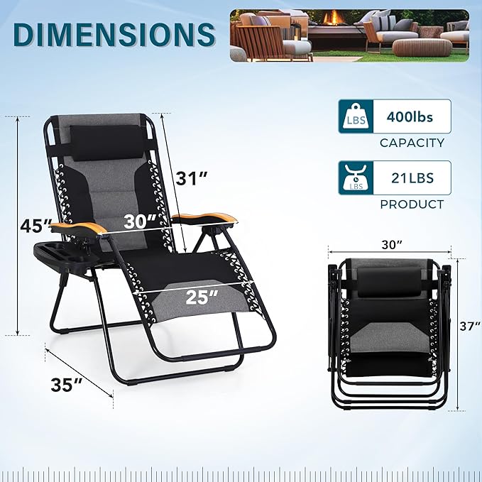 MFSTUDIO Zero Gravity Chairs Set of 2 XL Oversized Outdoor Anti Gravity Chair Patio Lounge Folding Adjustable Chair with Cup Holder &amp Padded Headrest Support 400lbsBlack