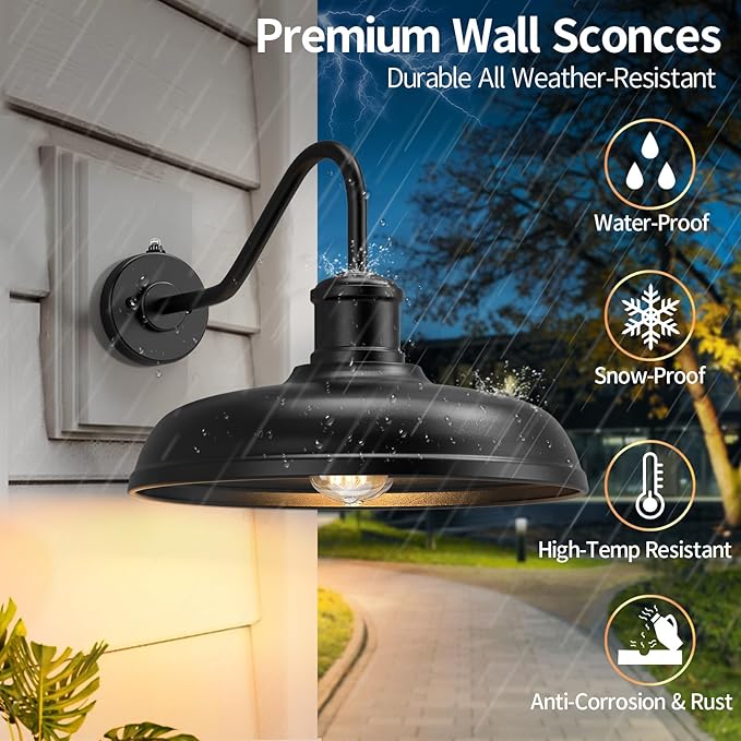 16 Inch Dome Dusk to Dawn Gooseneck Barn Light Outdoor Large Farmhouse Exterior Light Fixture Wall Mount Industrial Outdoor Wall Sconce Outside Lantern for House Porch Garage Entryway Black