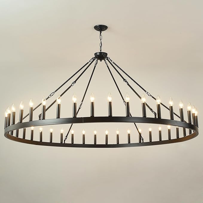 64 Inch Black Extra Large Wagon Wheel Chandelier 42-Lights Farmhouse Industrial Round High Ceiling Pendant Light Adjustable Chain for Dining Room Living Room