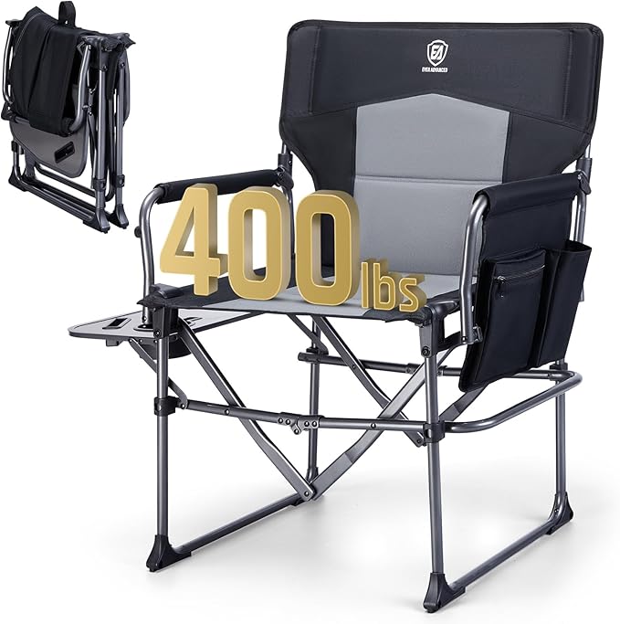 EVER ADVANCED Camping Directors' Chair with Side Table Portable Folding with Compact Size Heavy Duty Lawn Chair with Pocket for Camping Lawn Sports and Fishing 400lbs Black
