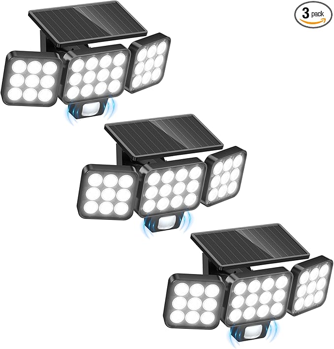 WdtPro Solar Lights Outdoor Flood Light 3 Pack 3500LM Bright Motion Sensor Outdoor Lights 3 Heads &amp Upgrade Glass Panel LED Solar Powered Security Light Spotlights Waterproof for Outside Yard