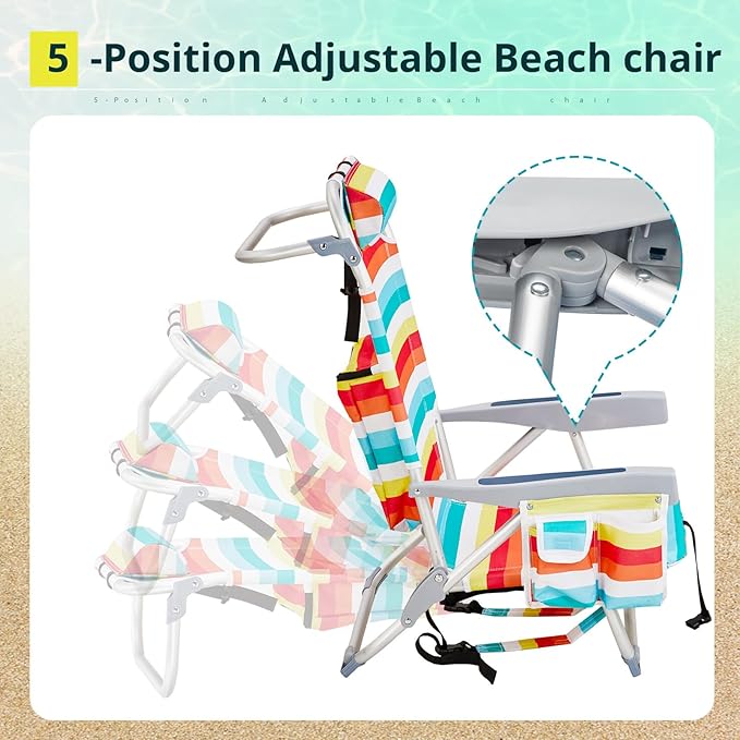 Folding Beach Chair Lightweight Folding Webbed Lawn Beach Chair for Adults with Headrest and Cup HolderLow Beach Chair 5 Position Lay FlatOutdoor ChairCollapsible ChairsRainbow Stripes