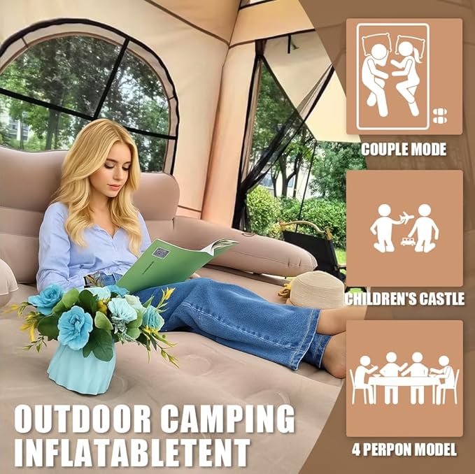 7.2' x 7.2' Inflatable Tents for Camping Easy Setup Inflatable Tent House4 Season Blow Up Camping Tent with Pump Waterproof Sunproof Outdoor Glamping House