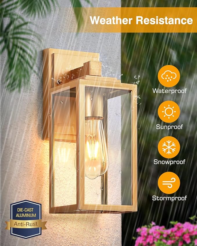 VIANIS Gold Outdoor Wall Lights 2 Pack Waterproof Outdoor Porch Lights Anti-Rust Porch Lights Outdoor Outdoor Light Fixture for House Garage Doorway Garden Tempered Glass E26 Socket