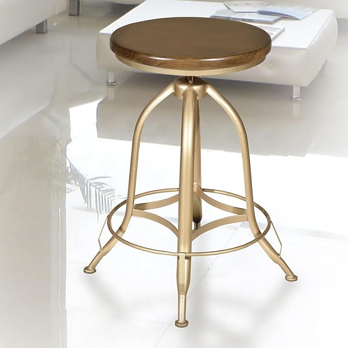 Carolina Chair &amp Table Ryder Adjustable Round Bar Stool - Powder Coated Finish Metal Frame Solid Wooden Seat Swivel Stool - Rustic Style Furniture for Counter Dining Room Kitchen (Elm/Gold)