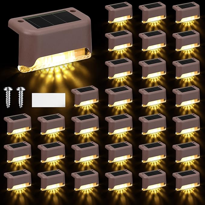 Geelin 32 Pcs Solar Deck Lights Outdoor Waterproof LED Solar Step Fence Lights for Stairs Step Railing Patio Driveway Garden Pathway and Yard(Brown Shell Warm White Light)