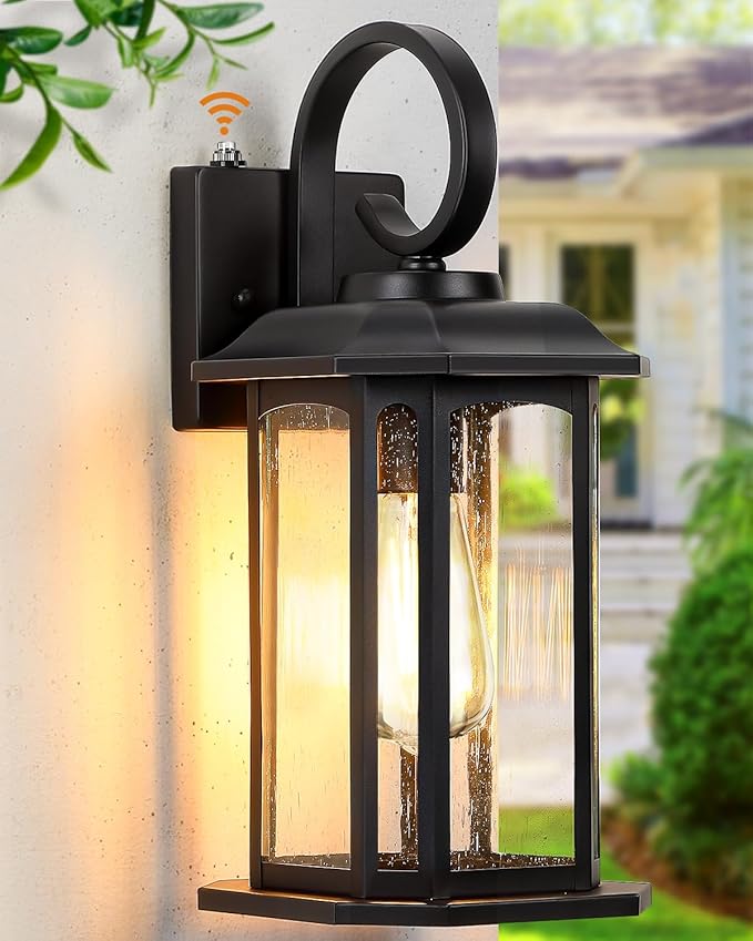 16.8'' Large Dusk to Dawn Outdoor Wall Lights Black Exterior Lighting Fixtures Wall Sconce with Seeded Glass Waterproof Front Porch Light Outside Wall Lantern for House Patio Garage 1Pack