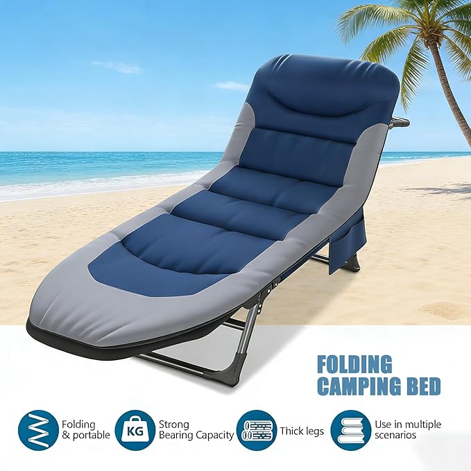 Folding Camping Cot for Adults with Adjustable Backrest &amp Pillow Portable Lounge Chair Bed 6-Position Recliner Waterproof Outdoor Cot Supports 450lbs Includes Side Pocket (Blue)