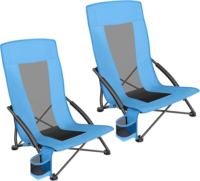 SONGMICS Set of 2 Portable Beach Chairs for Adults Max. Load 330 lb Each High Backrest Cup Holder Lightweight Heavy-Duty Light Blue UGCB067Q01V1