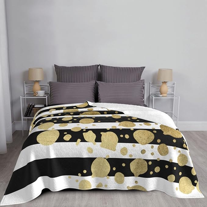 50X40 Faux Gold Paint Splatter On Black &amp White Stripes Lightweight Flannel Blanket - Soft and Breathable Polyester Suitable for Travel Camping and Home Decoration