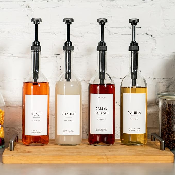Demi's Home 25.4 oz 750 ml Glass Coffee Syrup Dispenser for Coffee Bar - 4 Pack - Comprehensive Label Set &amp ¼ oz Pumps Included