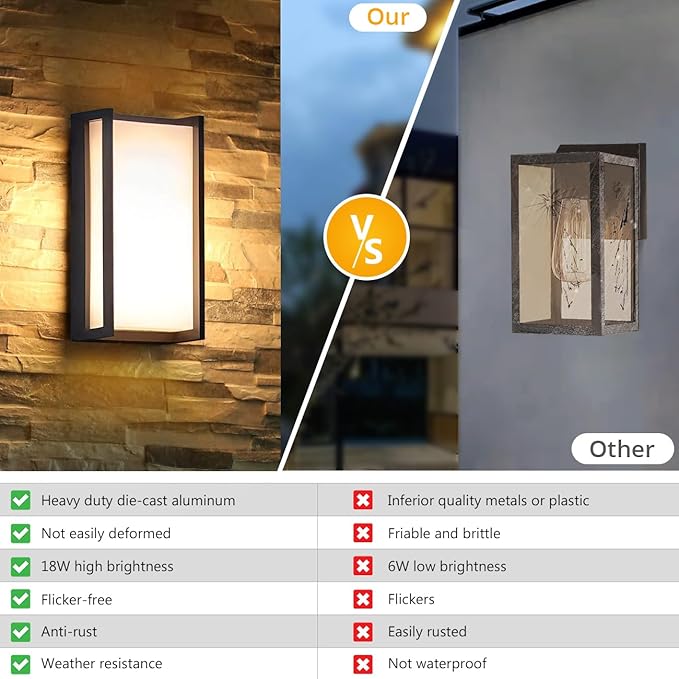 wowlite Modern Outdoor Wall Lights 2 Pack LED Outdoor Porch Lights 3 Colors Changeable Matte Black Exterior Light Fixture Wall Mount IP65 Waterproof Outside Light Fixtures for Porch Front Door