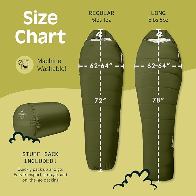 Retrospec Dream Mummy Sleeping Bag - 5 15 &amp 30°F Cold Weather Camping &amp Travel Essential Gear with Water - Resistant Shell &amp Synthetic Fill - Zippered Pocket &amp Stuff Sack